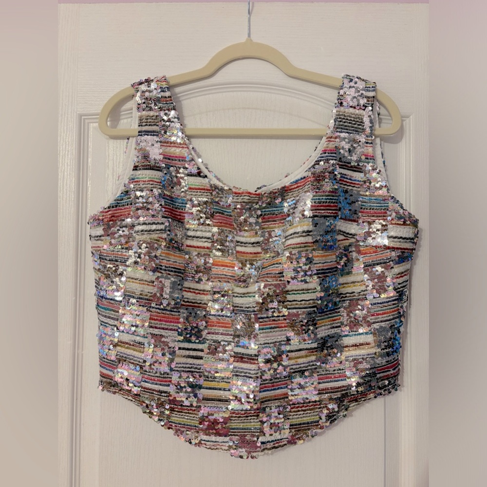 Queen of Sparkles Silver Sequin Checkered Tweed Tank